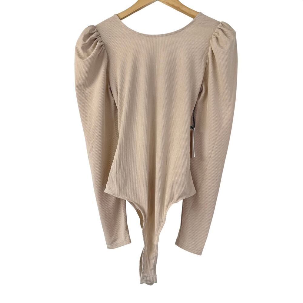 ASTR The Label Bodysuit M Cream Ribbed Puff Sleeve Open Back Tie NWT